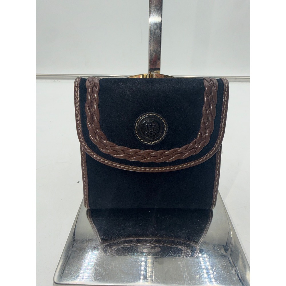 Lladro Vintage Trifold Wallet Black Suede Brown Leather Braided Made in Spain